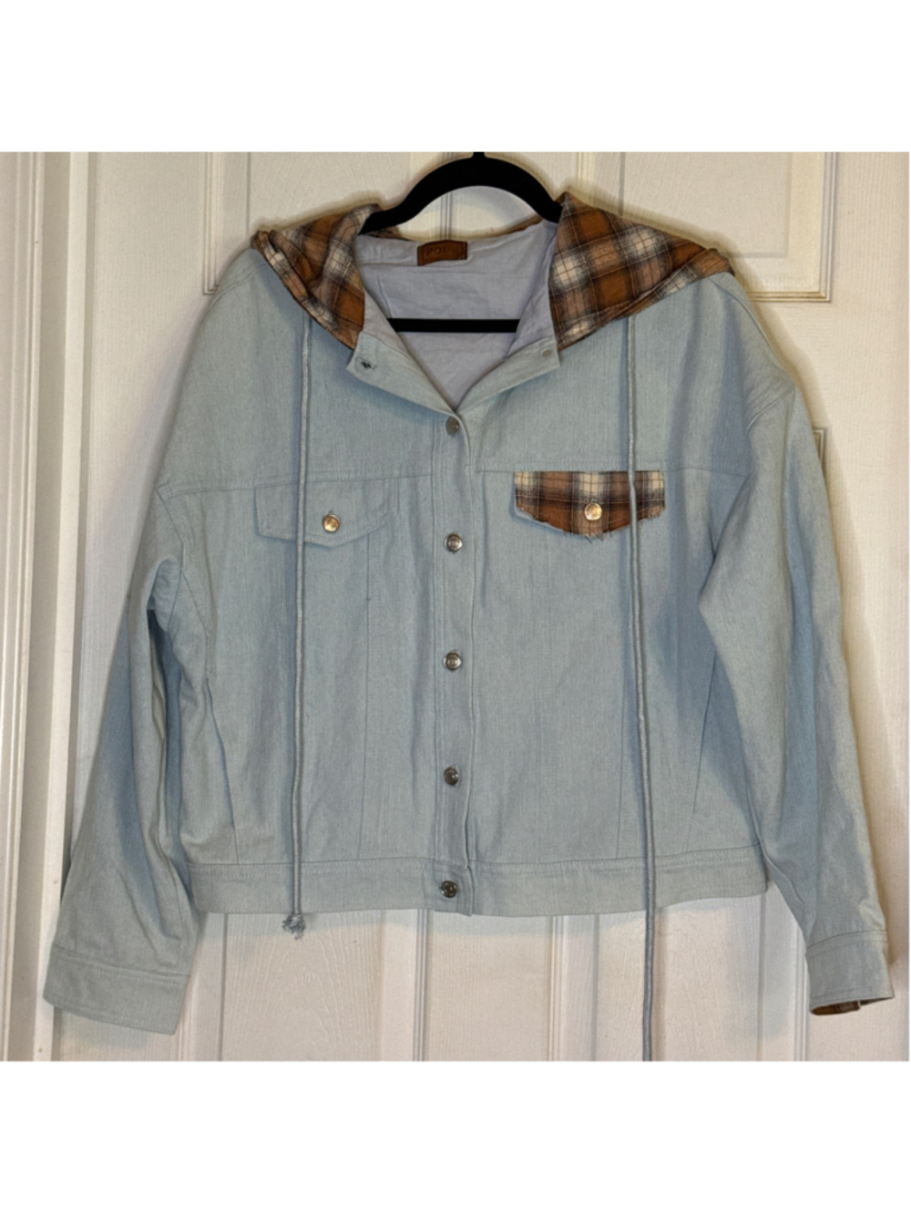 POL Denim Jean Jacket with Plaid Hood, Size M, Light Blue and Brown